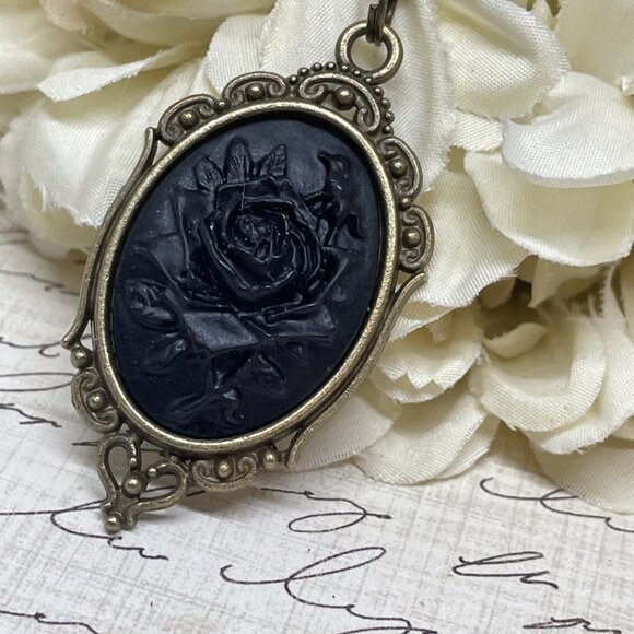 Halloween Gothic Viking Gift Birthday Bronze Necklace Black Rose Cameo  Jewelry - Picture 6 of 9